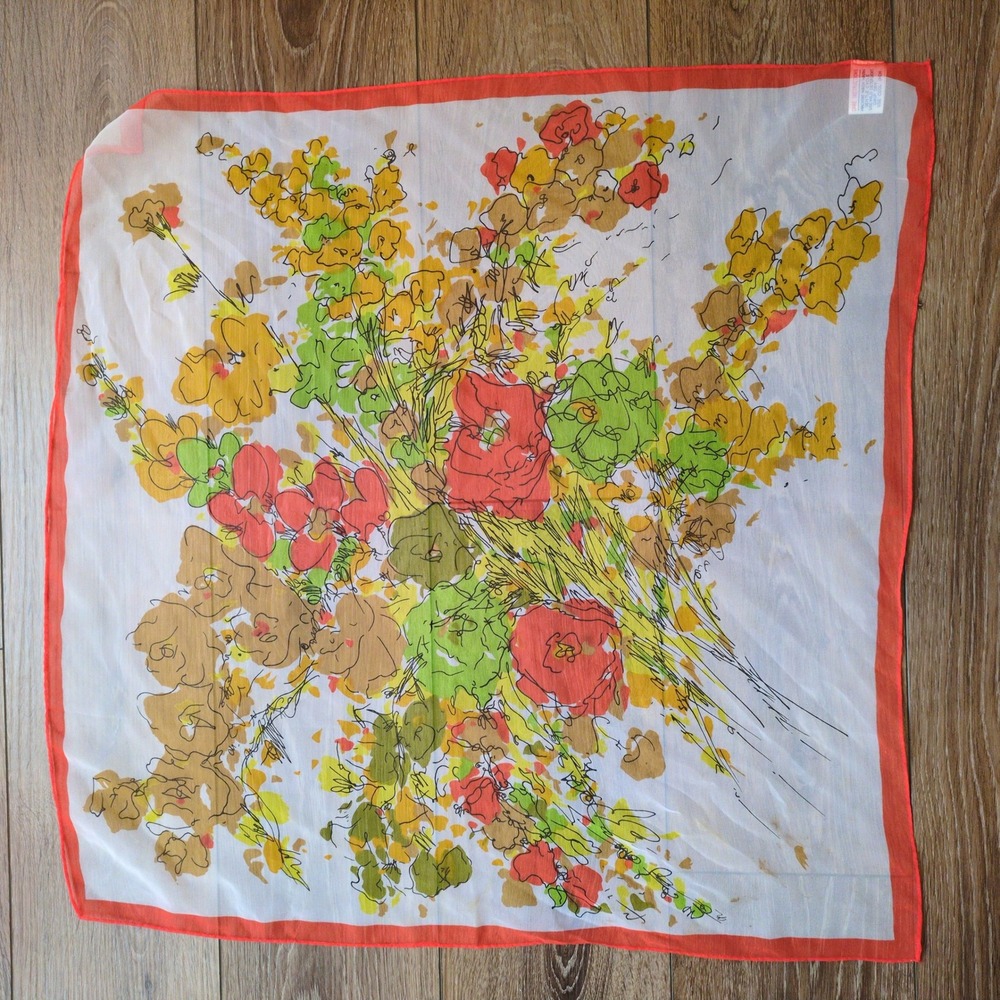 Vintage 70s Retro Abstract Sheer Floral Scarf - Yellow Orange Green Japan‎ Made